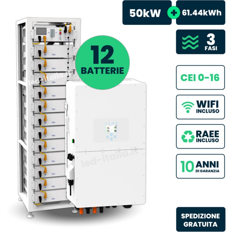 V-tac - kit photovoltaïque 50kW avec onduleur hybride triphasé 50kW IP20 et 12 batteries de stockage LiFePO4 61,44 kWh