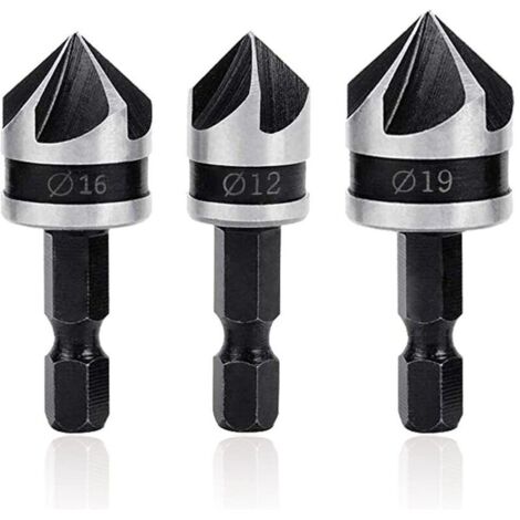 Kit Fraise à Chanfreiner 90°   Fraise Conique 5 Flûtes, Outil de Coupe Bois avec Tige Hex 12mm/16mm/19mm