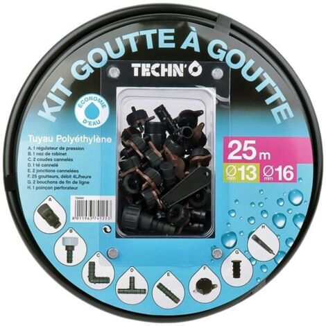 Kit goutte à goutte 25m – Tuyau polyéthylène 13x16mm – 1 régulateur de pression – 25 goutteurs démontables – Pour arrosage automatique jardinière – Techn'O