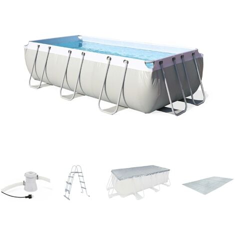 Kit grande piscine tubulaire - Topaze grise - piscine rectangulaire 4x2m avec pompe de filtration, bâche de protection, tapis de sol et échelle, piscine hors sol armature acier