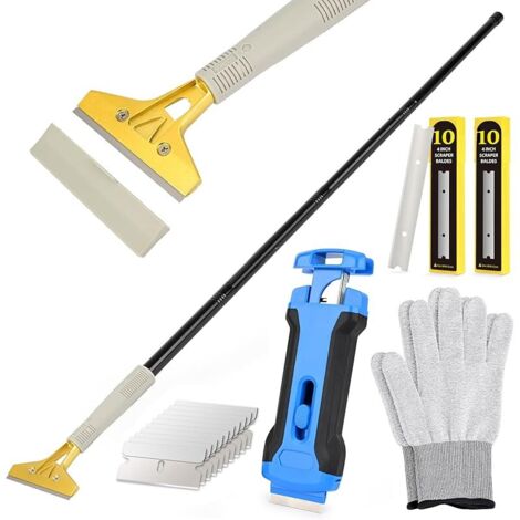 Kit Grattoir Vitre - Grattoir 4INCH avec Long Manche(15-58INCH) et Grattoir Plaque Vitrocéramique, avec 30 Lames, pour Carrelage, Papier Peint, Colle, Miroir, La Table de Cuisson