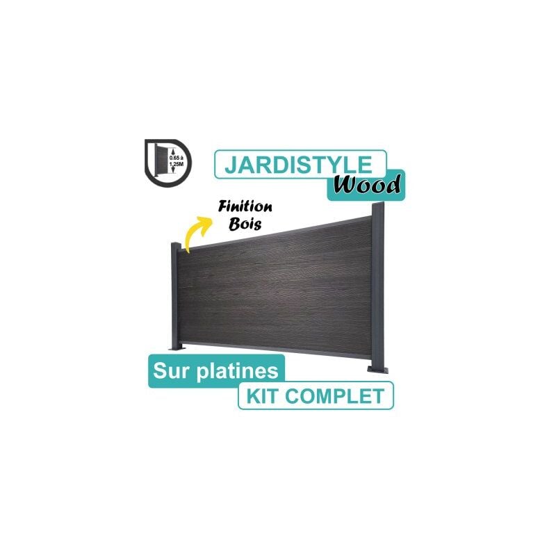 Kit Clôture Composite Gris Anthracite Effet Bois 3,6M - Sur Platines - 0,65 mètre