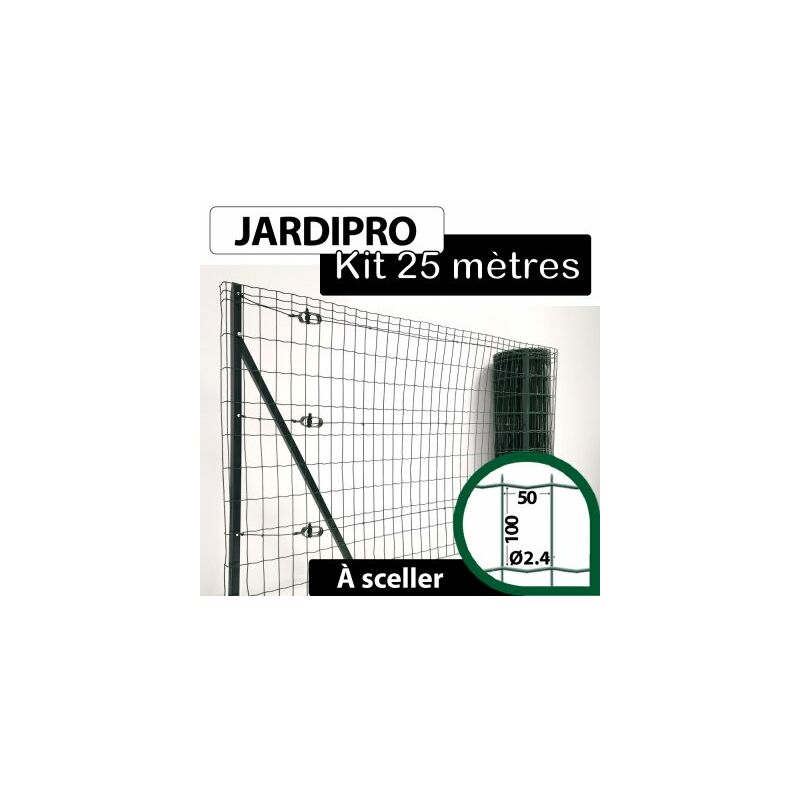 Cloture&jardin - Kit Grillage Soudé Vert 25M - jardipro - Maille 100x50mm - Triple lisière - 1 mètre - Vert (ral 6005)