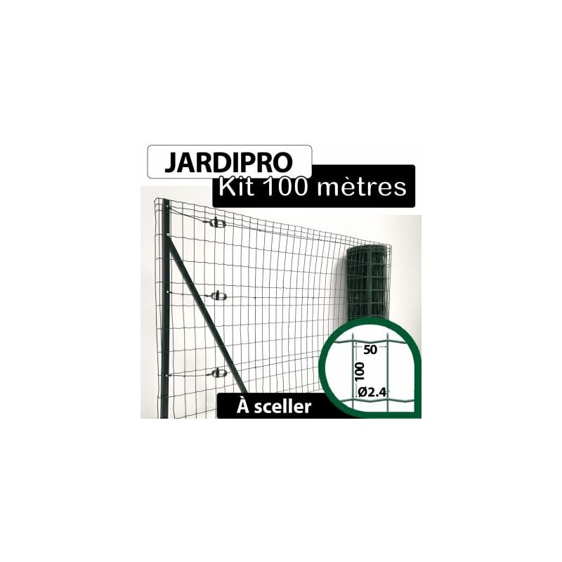 Kit Grillage Soudé Vert 100M - jardipro - Maille 100x50mm - Triple lisière - 2 mètres - Vert (ral 6005)