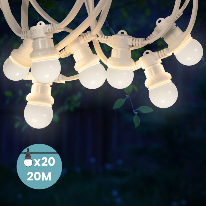 Guirlande Guinguette 20M Cable Blanc IP65 - Guirlande Electrique Exterieur 20 Bulbes Blancs - Guirlande Guinguette Exterieur Boheme Déco pour
