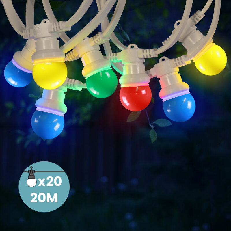 Guirlande Guinguette 20M Cable Blanc Bulbes Multicolores IP65 - Guirlande Electrique Exterieur 20 Bulbes Rouge Jaune Vert Bleu - Guirlande Guinguette