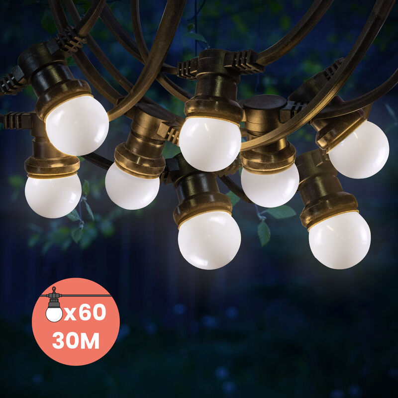 Guirlande Guinguette 30M Blanc IP65 - Guirlande Lumineuse Extérieur 60 Bulbes - Guirlande Exterieure Etanche pour Décoration de Jardin, Maison et