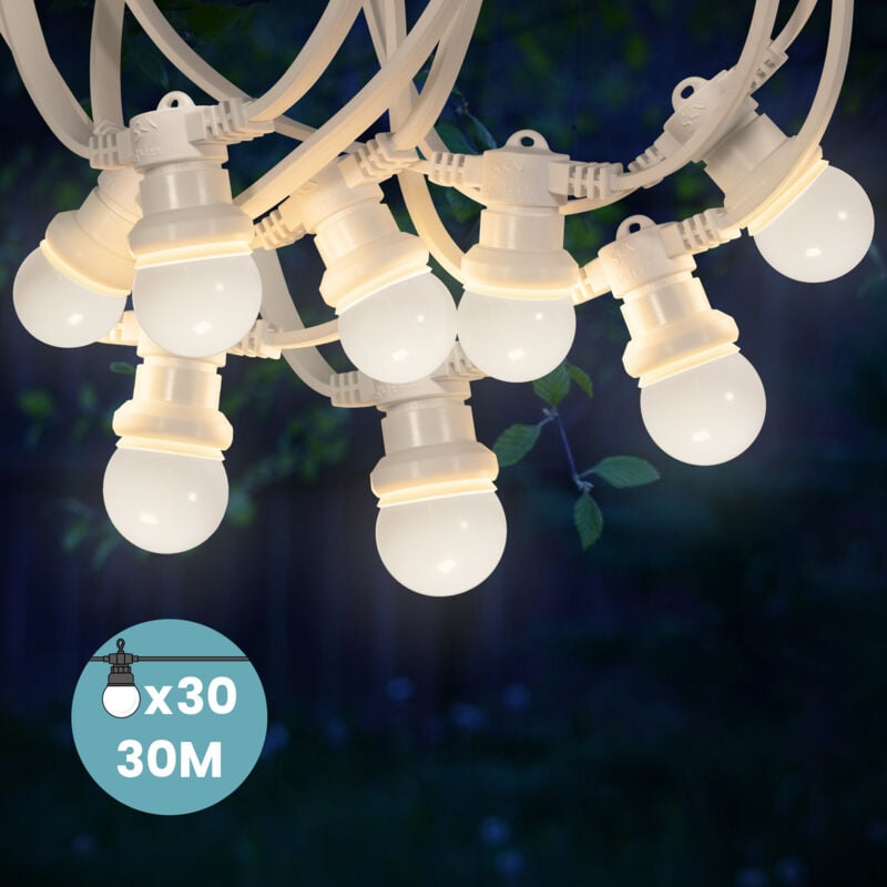 Guirlande Guinguette 30M Cable Blanc IP65 - Guirlande Electrique Exterieur 30 Bulbes Blancs - Guirlande Guinguette Exterieur Boheme Déco pour