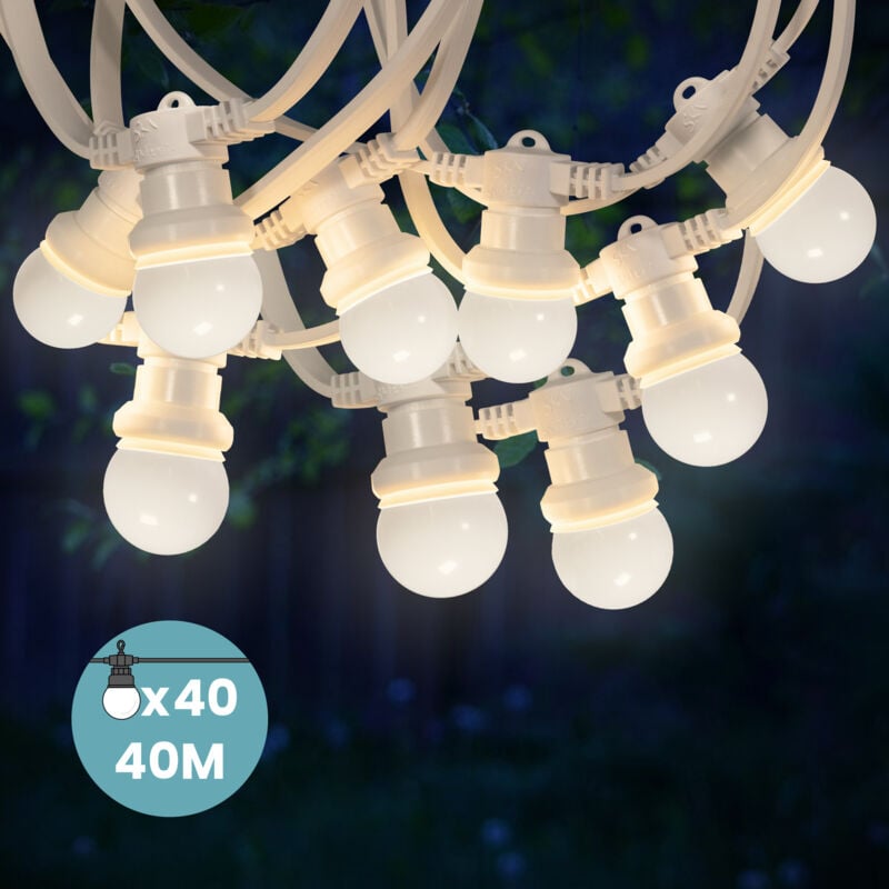 Guirlande Guinguette 40M Cable Blanc IP65 - Guirlande Electrique Exterieur 40 Bulbes Blancs - Guirlande Guinguette Exterieur Boheme Déco pour