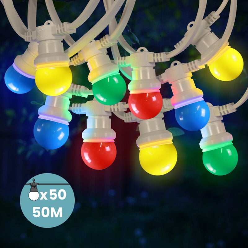Guirlande Guinguette 50M Cable Blanc Bulbe Multicolore IP65 - Guirlande Electrique Exterieur 50 Bulbes Rouge Bleu Jaune Vert - Guirlande Guinguette
