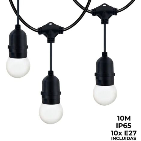Kit guirlande lumineuse extérieure 10 mètres + 10 ampoules LED E27 1W - IP44 - Blanc chaud