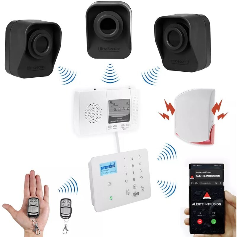 Ultra Secure - Kit 'hangar agricole' - 3 détecteurs de mouvement sur piles + alerte gsm appel/SMS + sirène 120 dB (DA600+/KP)