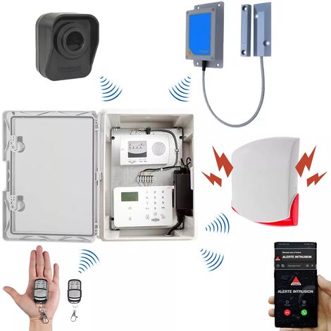 Kit "hangar agricole" - Point d'alerte GSM IP65 + 1 détecteur de mouvement + 1 d'ouverture + 1 sirène (DA600+/KP)