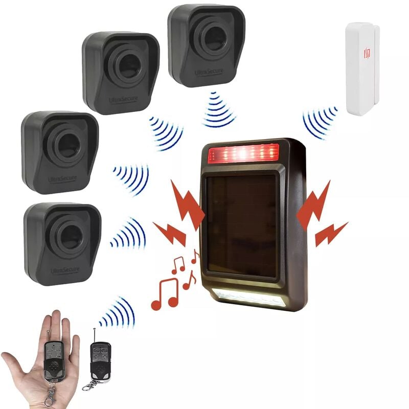 Ultra Secure - Kit 'hangar agricole' - 4 détecteurs de mouvement + 1 d'ouverture + sirène/carillon solaire extérieure (DA600+)