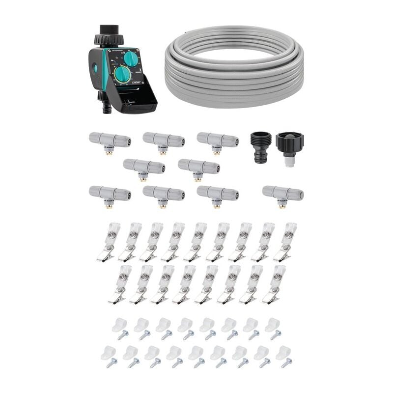 Kit Happy Fresh Evolution 12 m avec Aquauno Mist, kit de brumisation automatique pour l'espaces à l'extérieur - Claber