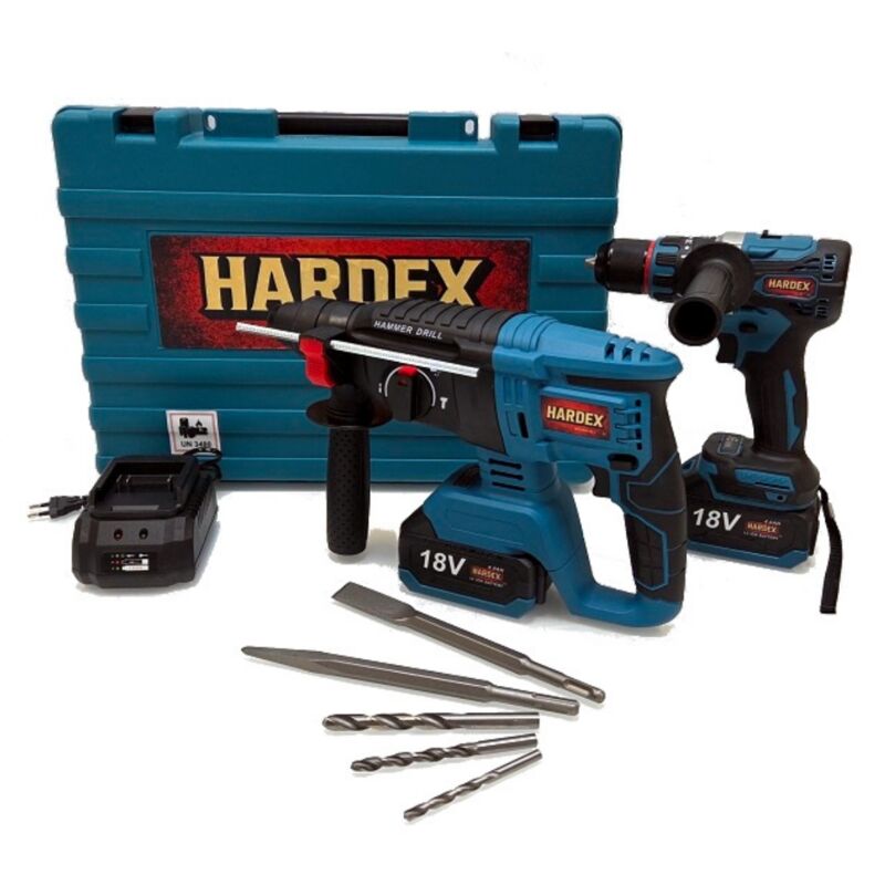 Kit HARDEX 2 en 1: Taladro de impacto sin escobillas de 13 mm + Taladro percutor de 26 mm, 2 baterías de 4 Ah