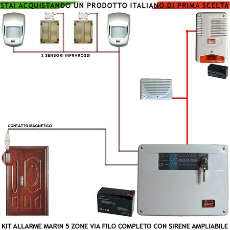 Kit Impianto Antifurto Marin Centrale a 5 Zone 2 Sensori di Movimento 2 Contatti Magnetici 1 Contatto Magnetico Per Infissi Metallici Sirena Interna ed Esterna Lampegggiante 2 Chiavi Doppio Profilo