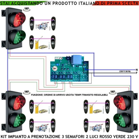 Kit Impianto Semaforico Parcheggio 3 Semafori 2 Luci 24 Led Rossi e 24 Verdi 230 V IP65 Tempi Regol. da 0,5 a 3 Minuti 6 Coppie di Fotocellule Controllano Ordine di Arrivo e Uscita Ordinata dal Garage
