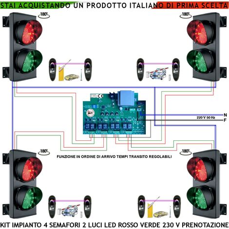 Kit Impianto Semaforico Parcheggio 4 Semafori 2 Luci 24 Led Rossi e 24 Verdi 230 V IP65 Centrale Tempi Transito Regolabili da 0,5 a 3 Minuti Ordine di Arrivo Con 4 Coppie Fotocellule Garage 4 Livelli