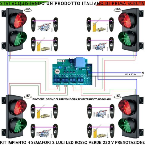 Kit Impianto Semaforo 4 Vie Transito Alternato 4 Semafori 2 Luci 24 Led Rossi e 24 Verdi 230 V Centrale Tempi Percorrenza Regolabili da 0,5 a 3 Minuti Ordine di Arrivo Uscita Con 8 Coppie Fotocellule