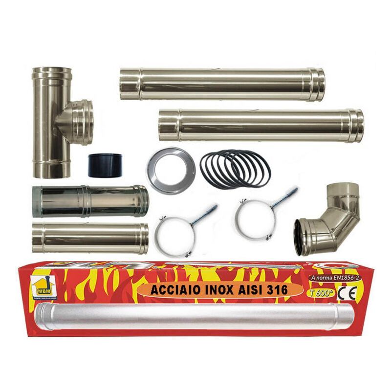 MBM - Cheminee inox kit conduits de fumee poele a granules dn 80 tube en acier 316 reglable 600 ce Made in Italy uni 1856-2