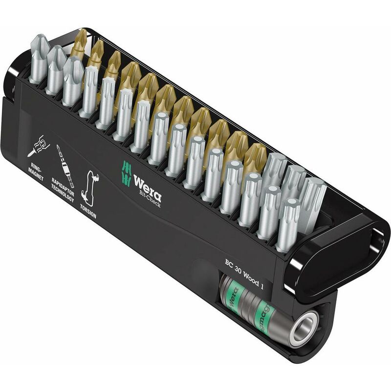 Image of Wera - Bit-Check 30 Wood 1 05057433001 Kit inserti 30 parti Croce Pozidriv, Croce Phillips, torx interno