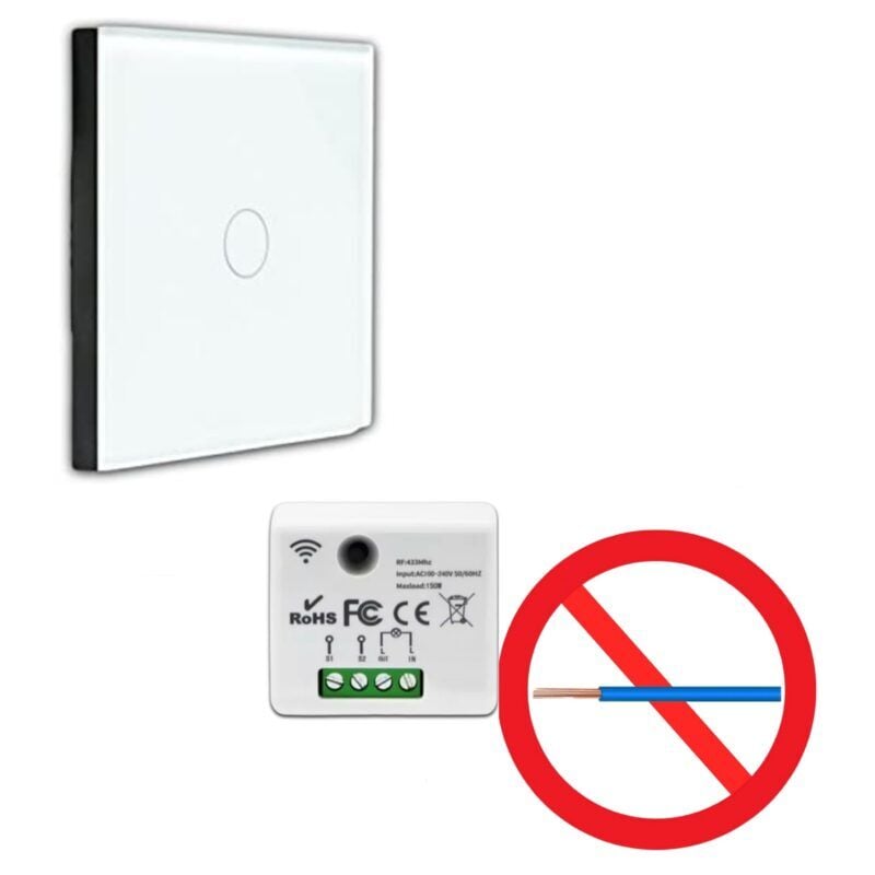 Fast Led Technology - kit Interrupteur sans fil tactile et sans neutre requis - Boutons va et vient prêt à poser – 1 Télécommande murale + 1 module