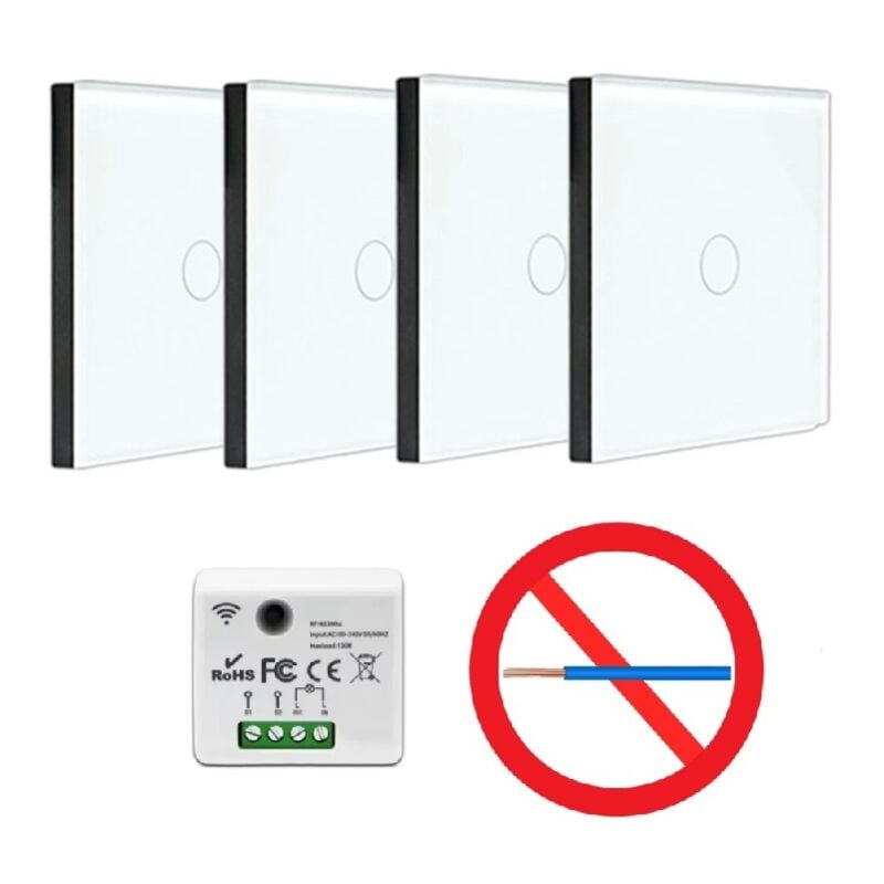 Kit Interrupteur sans fil tactile et sans neutre requis - Boutons va et vient prêt à poser – 4 Télécommande murale + 1 module radio encastrable