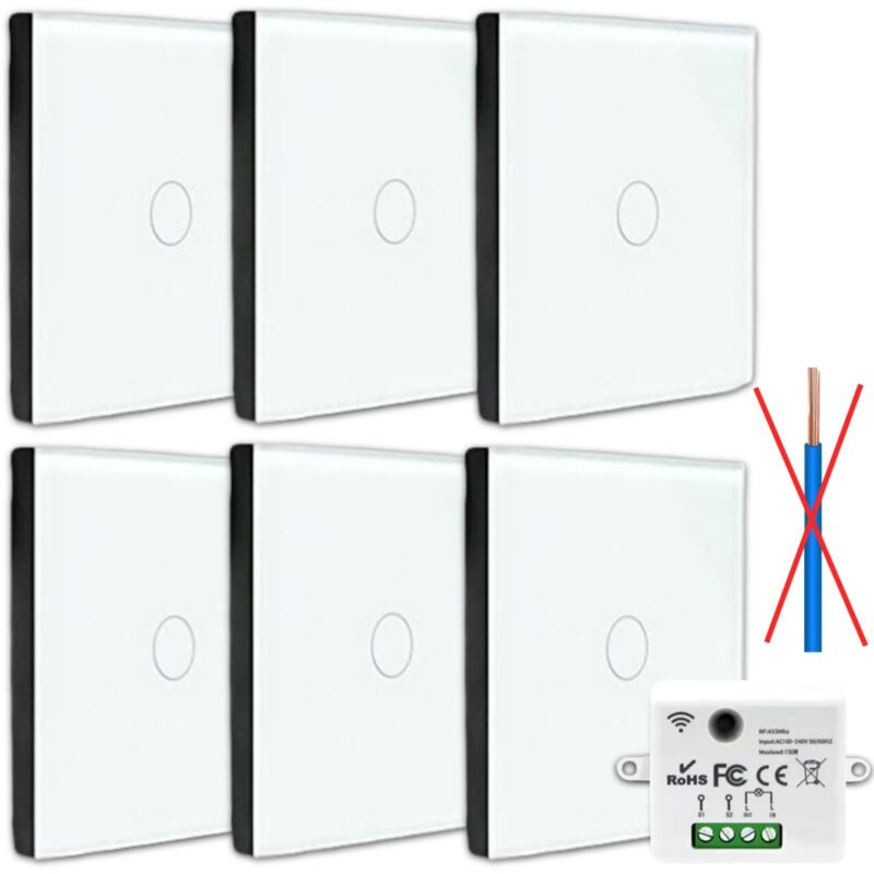 Kit Interrupteur sans fil tactile et sans neutre requis - Boutons va et vient prêt à poser – 6 Télécommande murale + 1 module radio encastrable