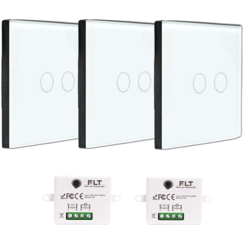 Kit interrupteur sans fil tactile prêt à poser - 3 interrupteurs DOUBLE ALLUMAGE sans fil silencieux + 2 mini module radio encastrable