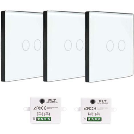 Kit interrupteur sans fil tactile prêt à poser - 3 interrupteurs DOUBLE ALLUMAGE sans fil silencieux + 2 mini module radio encastrable