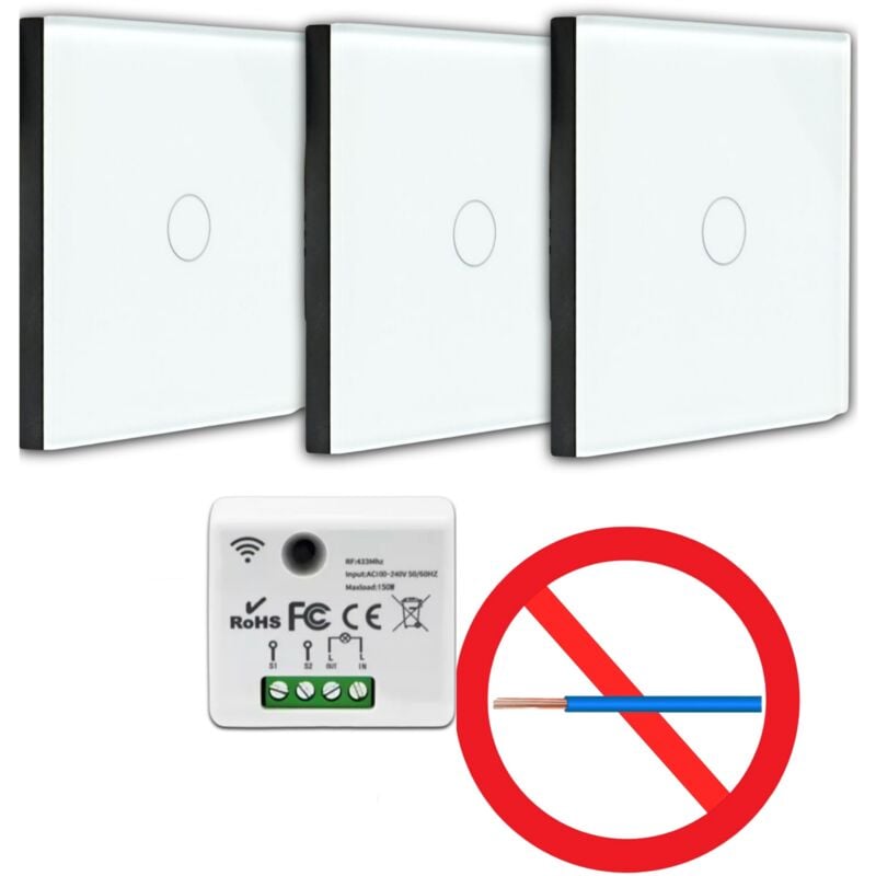 Kit Interrupteur sans fil tactile et sans neutre requis - Boutons va et vient prêt à poser – 3 Télécommande murale + 1 module radio encastrable