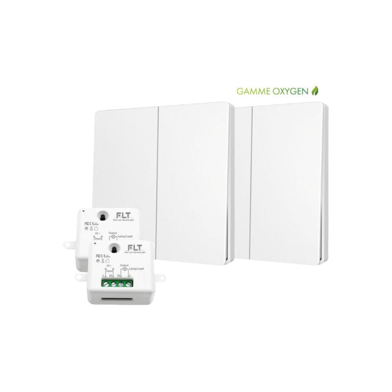 Fast Led Technology - Kit interrupteur va-et-vient sans fil et sans pile prêt à poser - 2 boutons poussoirs double allumage + 2 relais récepteur radio