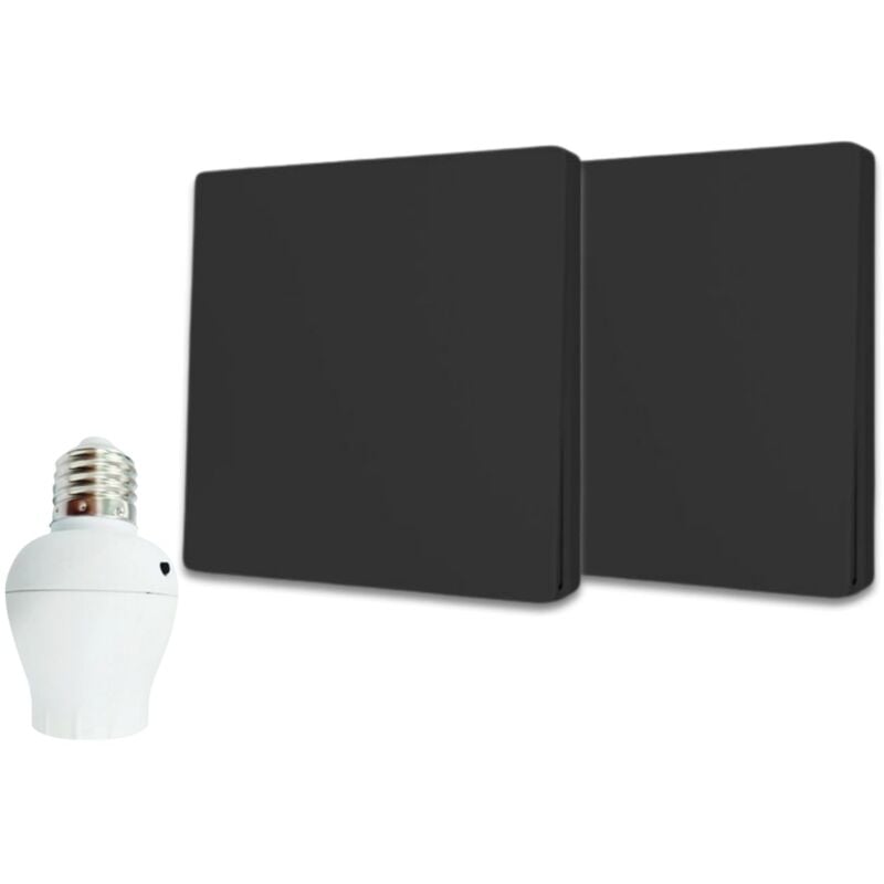 Kit interrupteur va-et-vient sans fil et sans pile prêt à poser - 2 boutons poussoirs + 1 douille radio à vis E27 - noir