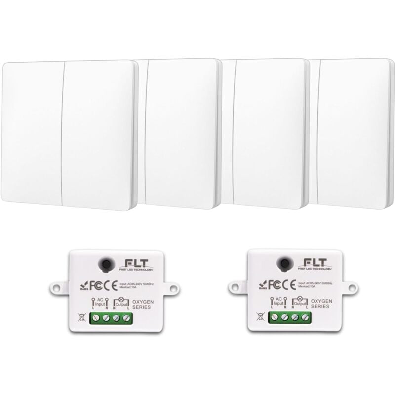 Kit interrupteur va et vient sans fil et sans pile radio - Auto alimenté piézoélectrique - 4 boutons double allumage + 2 récepteurs radios