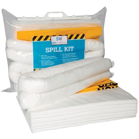 Kit intervention pour déversements d'huile, 10 tapis à fibres, 2 boudins Ø7,5cm x1,2m 2 sacs poubelle 110L avec attaches