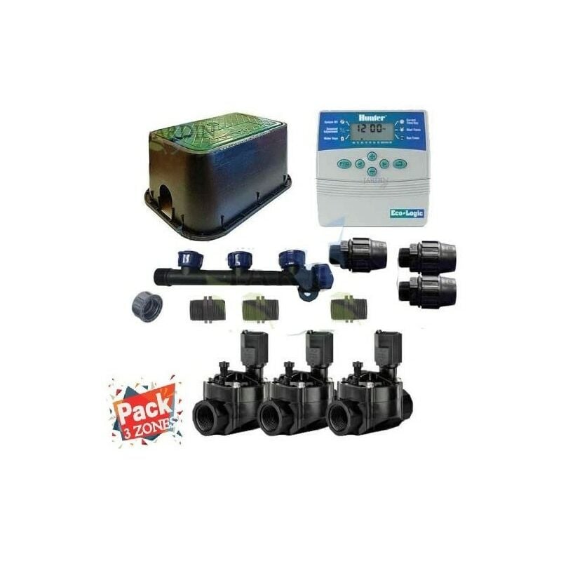 Kit Arrosage Automatique 3 zones pour irrigation pour programmateur électrique. Controlateur Hunter ELC401 + Electrovanne 100HV