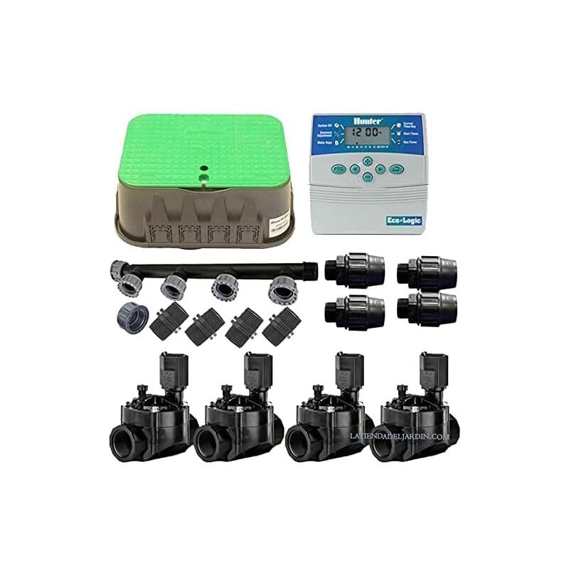 Kit Arrosage Automatique 4 zones pour irrigation pour programmateur électrique. Controlateur Hunter ELC401 + Electrovanne 100HV