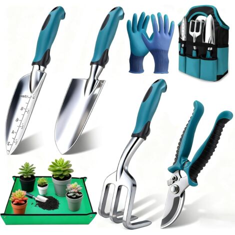 Kit Jardinage 7 Pièces, Outils de Jardinage en Alliage d'Aluminium avec Tapis de Rempotage 75x75cm et Sac 600D, Ensemble d'outils pour Plantation et Potager, Cadeau pour Hommes Femmes