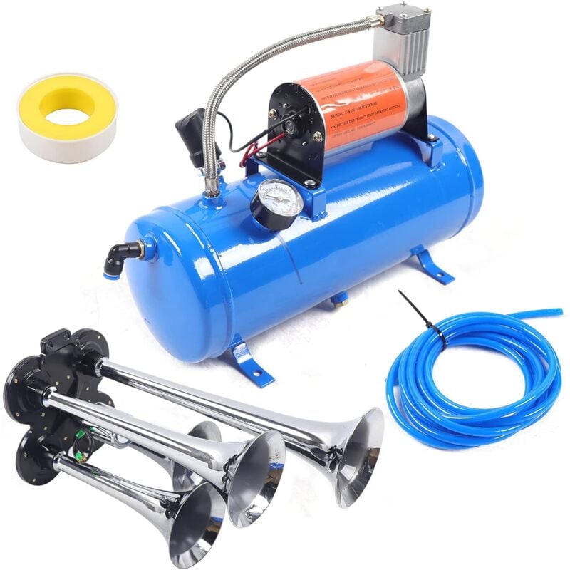 Kit Klaxon à Air 6 litres avec Compresseur d'air 150 psi 12V 6L Compresseur 4 Trompette pour Tout Véhicule 12V Camions Trains Bateaux Voitures