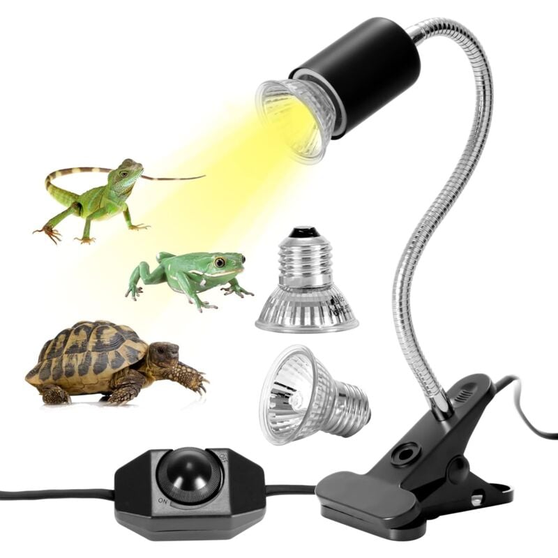 Kit Lampe Chauffante Tortue Terrestre Lampe Reptiles Chauffante avec 2 Ampoule uva uvb 25W 50W Lampe Tortue Terrestre de Base Longue 360 Rotation
