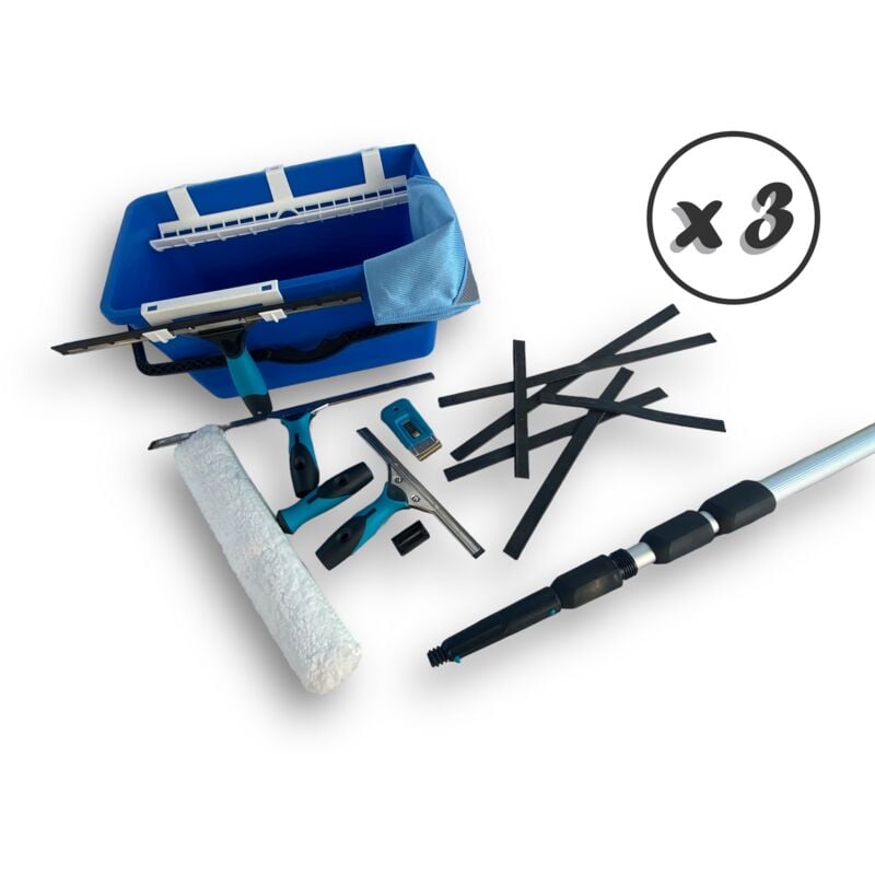 Kit laveur de vitres hyper pro Avec perche seau mouilleur raclette grattoir chiffon - Quantité x 3 - Ensemble complet 8 éléments