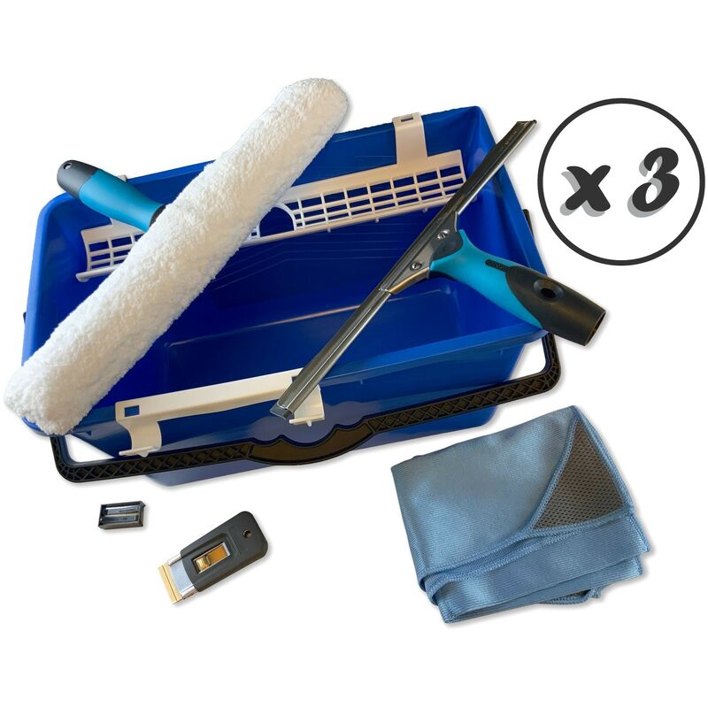 Kibros - Kit laveur de vitres hyper pro Avec seau mouilleur raclette grattoir chiffon - Quantité x 3 - Ensemble 5 éléments