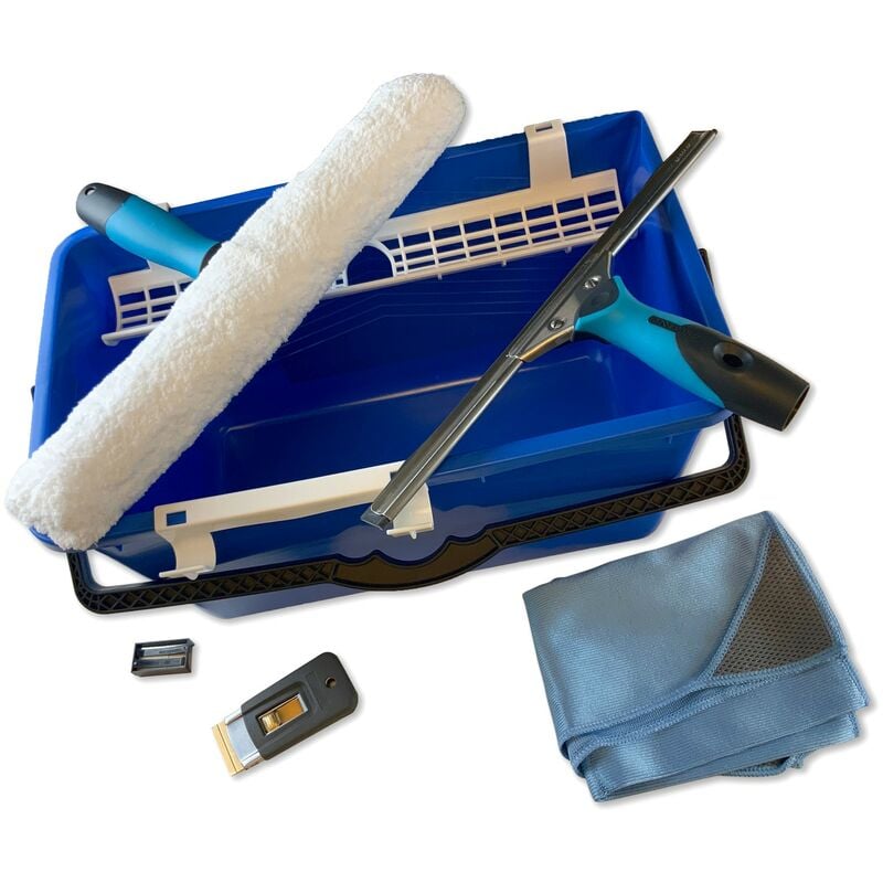 Kit laveur de vitres hyper pro Avec seau mouilleur raclette grattoir chiffon - Quantité x 1 - Ensemble 5 éléments