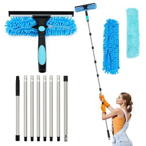 Kit limpiador de ventanas 3 en 1 de 3,1 m con rasqueta de silicona y cepillo de microfibra, rasqueta profesional, limpiador de ventanas telescópico con cabezal giratorio de 270°, azul.