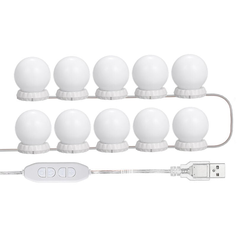 Image of Kit luci a specchio a led per toletta, con 10 lampadine regolabili, 10 luminosità e 3 modalità di illuminazione, tipo usb, bianco - bianco-DPZO
