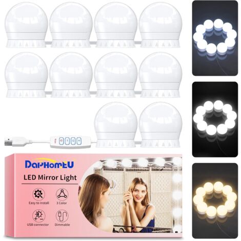 Kit Lumière Miroir LED - 10 Ampoules - Style Hollywood - 3 Couleurs USB - Pour Coiffeuse Maquillage
