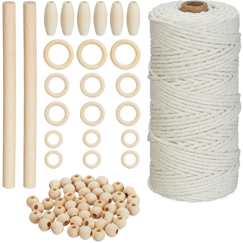 Kit macramé, fil d'épaisseur 3 mm et de longueur 109 m, perles, anneaux, coton et bois, blanc et nature - Relaxdays