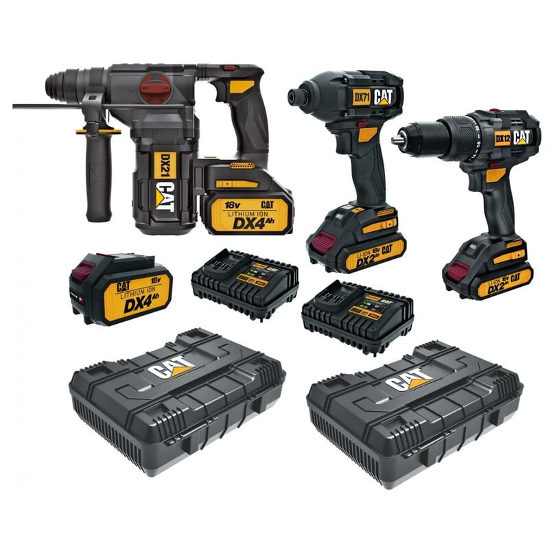 CAT - kit marteau DX21 perceuse DX12 et tournevis DX71 18V coffrets piles incluses
