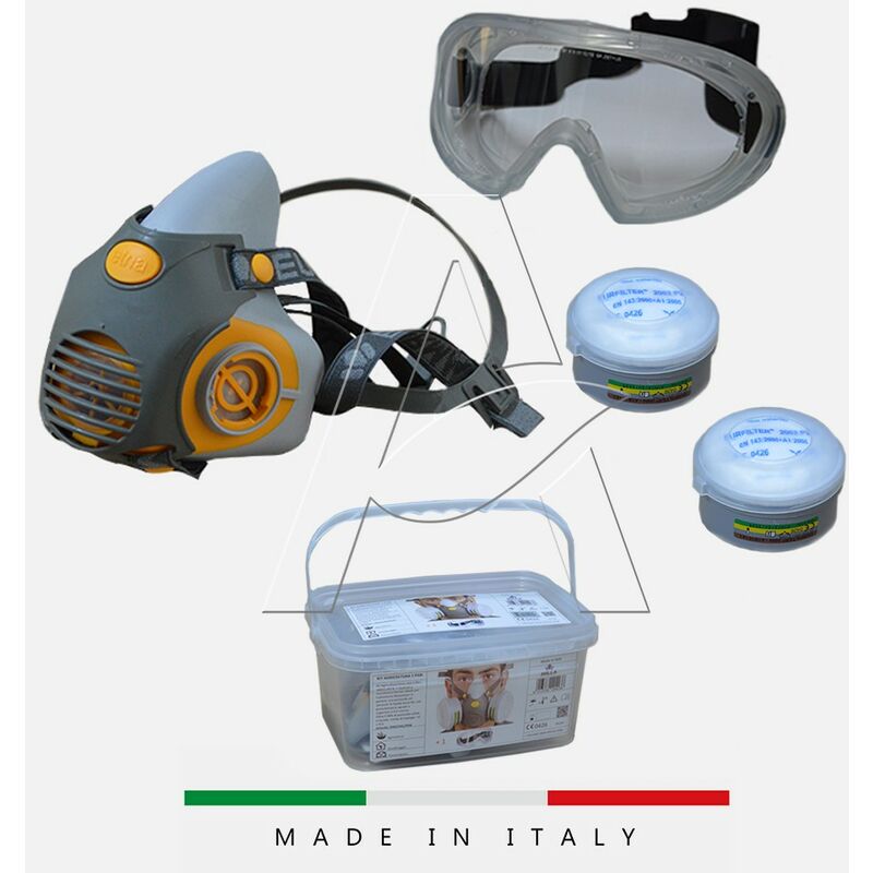 Image of Milla S.r.l. - Kit maschera protezione completa ABEK1 P2 r - Maschera + Filtri + Occhiali 360Ao